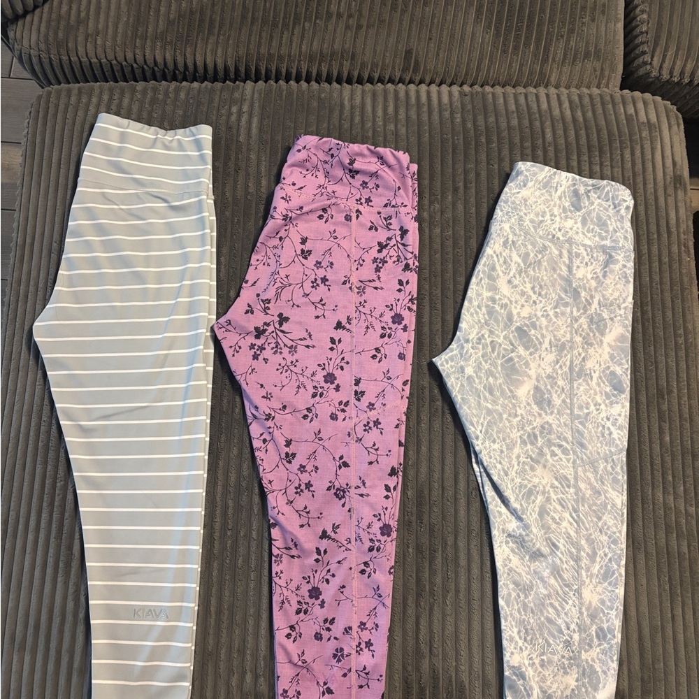 KIAVA Women's Leggings Trio - Gray Stripe, Purple Floral, White Marble